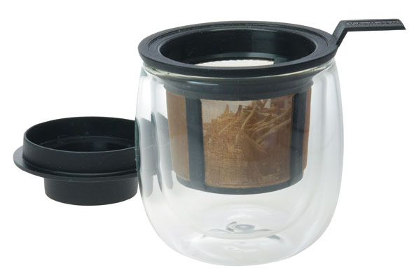 Dubbelwandig glas met filter en deksel 130 ml zwart