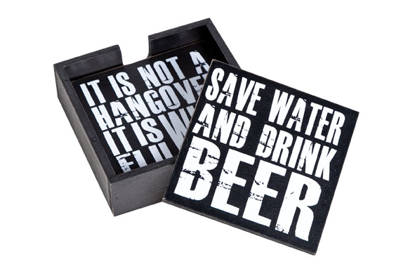 Untersetzer aus Holz mit Text schwarz 12x12x4,5 cm, 4er-Set