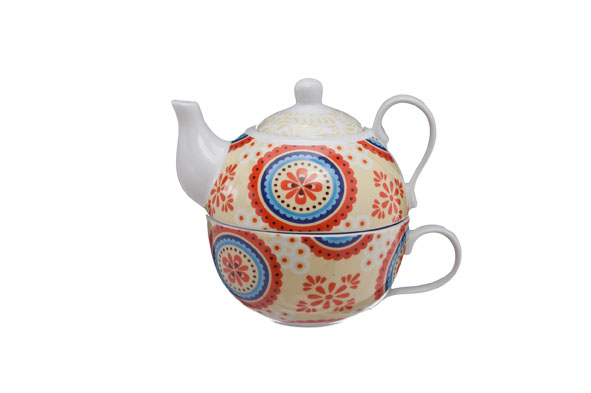 Deco theepot met tas porselein Ø 10 cm set van 2