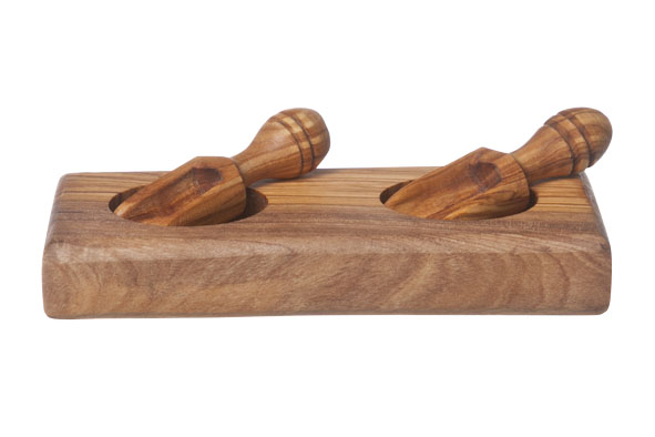 Peper- en zoutset van 2 met schepjes, olijfhout, naturel