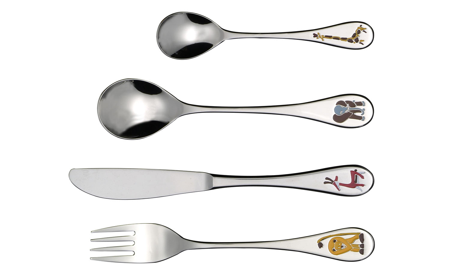 Set van 4 Safari kinderservies, roestvrij staal 18/10, zilver