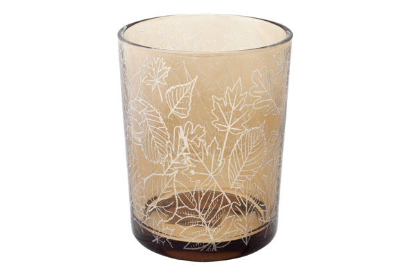 Teelichthalter smoked white leaves, Glas, Ø 10 cm