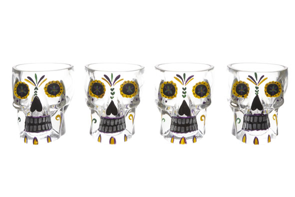 Tiki shotglas doodskop goud, 50 ml, set van 4