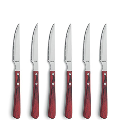 Brasero set van 6 steakmessen, bordeaux, hout, roestvrij staal, 28,7 x 19,2 x 1,4 cm
