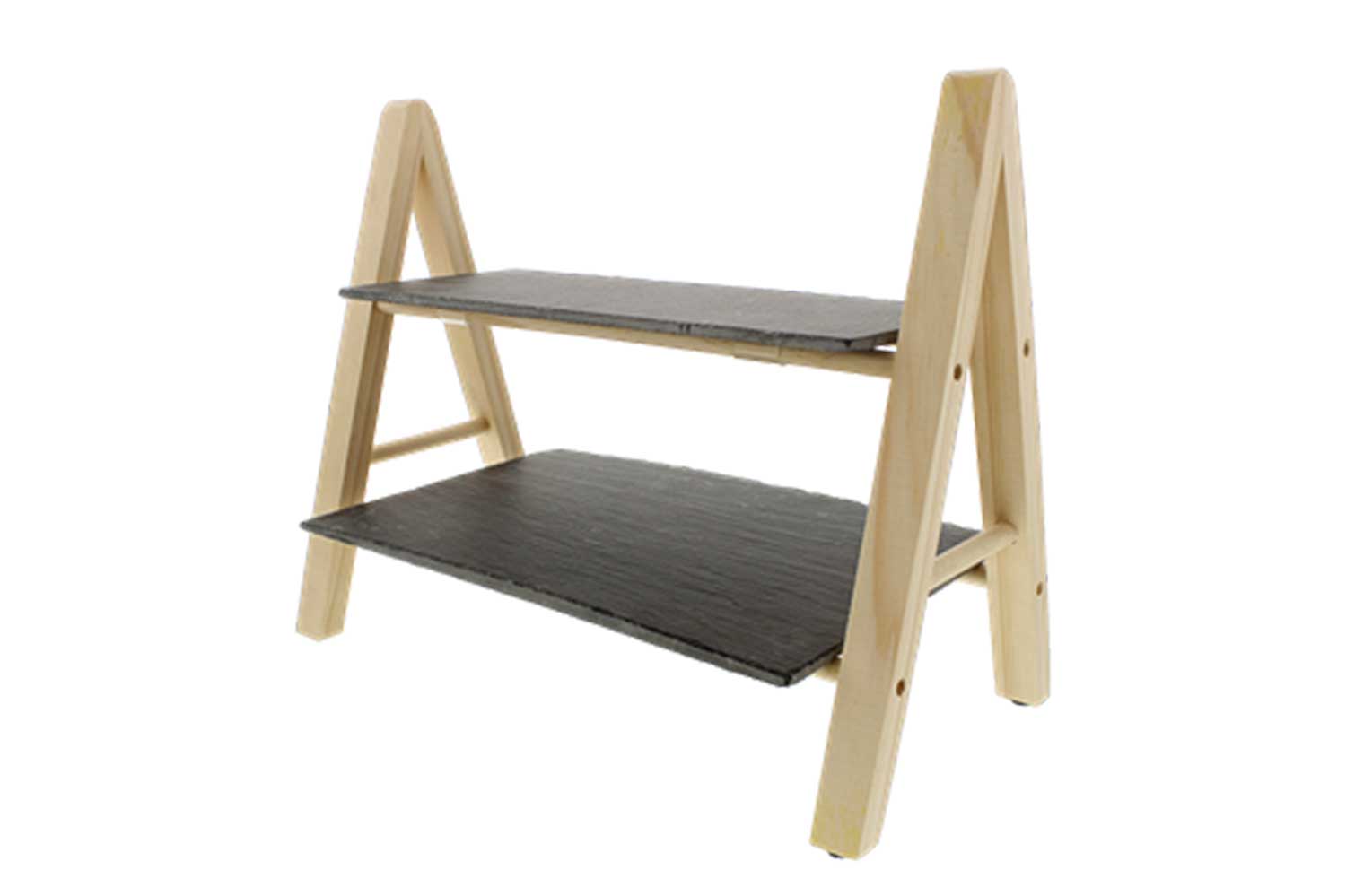 Etagère 2 lagen leisteen, houten standaard, 32 x 27 x 18 cm