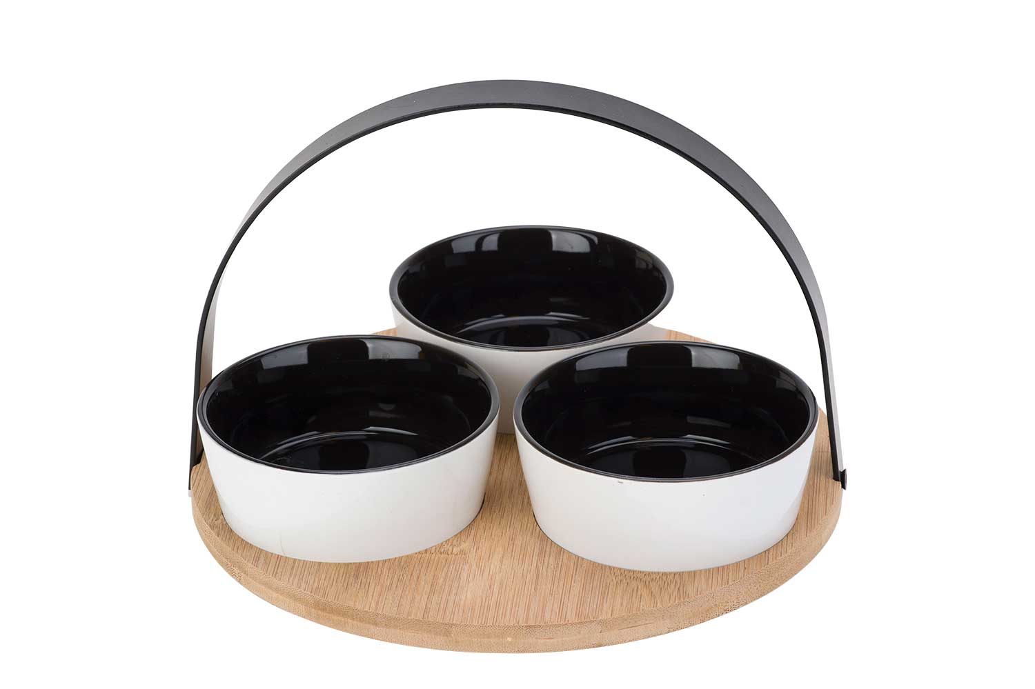 Tapasset bamboe plank Ø 20 cm rond 3 bowls 10 x 4 cm zwart wit - metalen handle