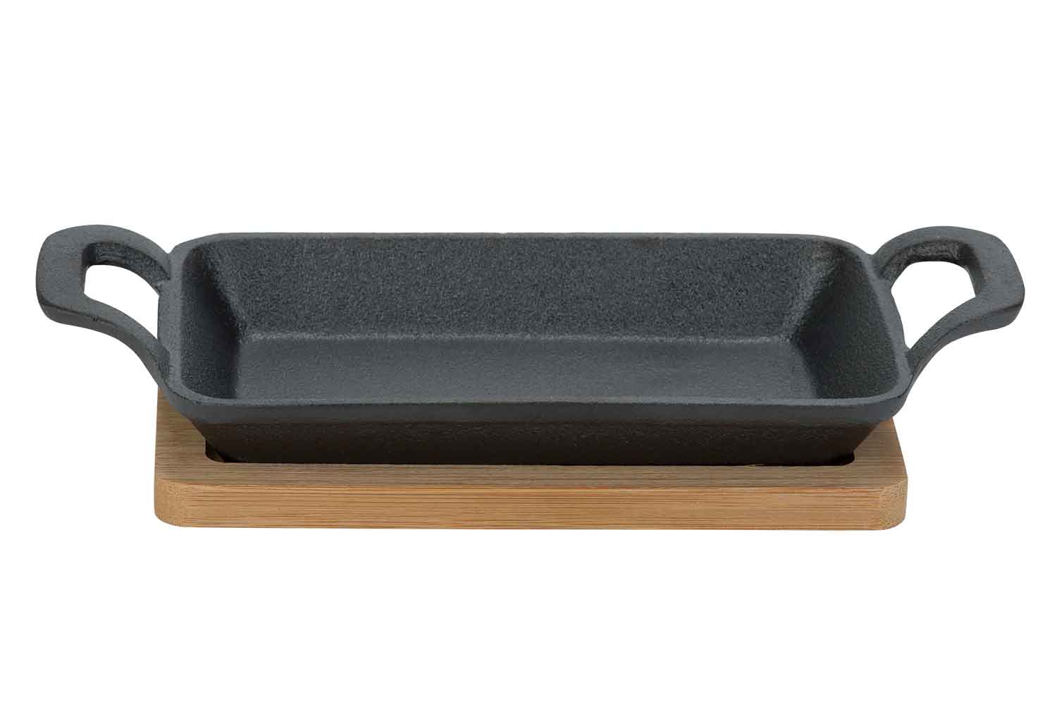 Rechteckige Gusseisen-Tapasschale 22,1 x 10,3 x 4,5 cm mit Bambusbrett