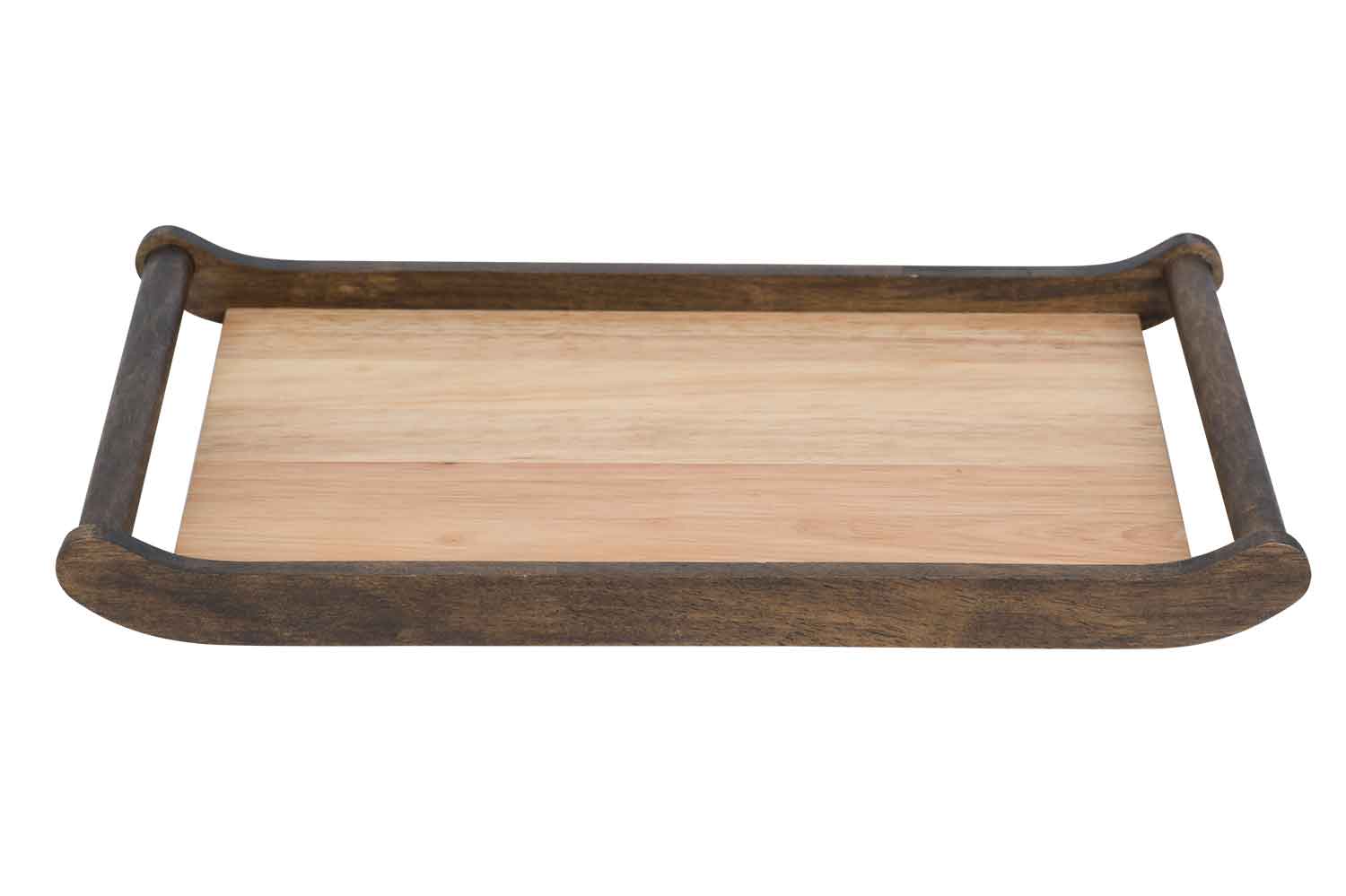 Rechthoekig dienblad van hout met 2 ronde antieke handvatten, 40 x 24 cm, H 4 cm