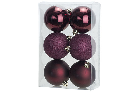 Set van 6 kerstballen aubergine Ø 8 cm kunststof