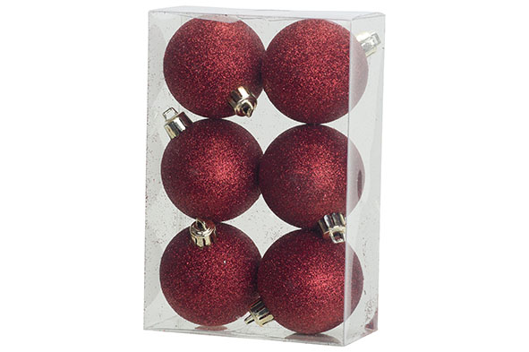 Weihnachtskugel rot, Glitter, Ø 6 cm, Kunststoff, 6er-Set
