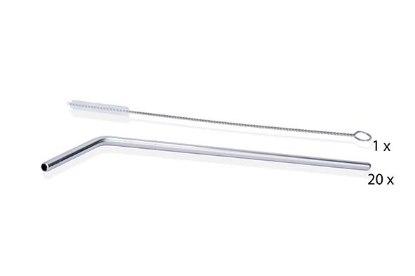 Set von 20 gebogenen Trinkhalmen aus Edelstahl, 25 cm, mit Reinigungsbürste