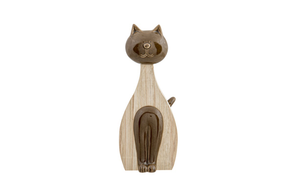 Kat wood look bruin keramiek 6,2 x 4,4 x 15,5 cm