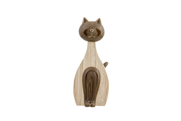 Kat wood look bruin keramiek 8,7 x 5,5 x 20,3 cm