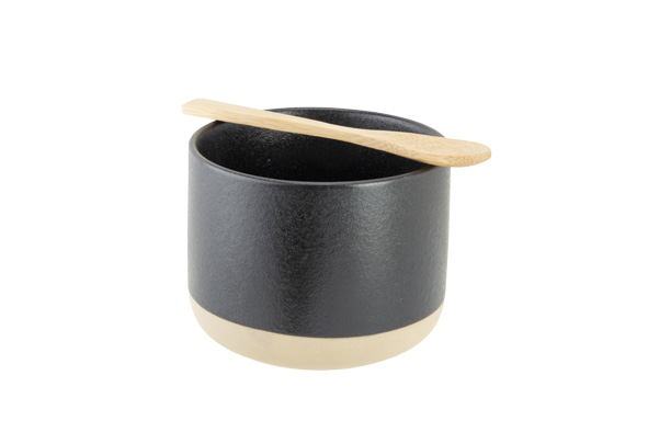 Aperoschaal zwart, keramiek, bamboe lepel, Ø 10 cm