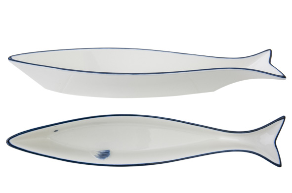 Branzino aperoschaaltje visvorm 26,8 x 5 x H 3,5 cm porselein wit blauw