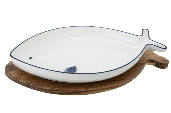 Branzino aperoset visvorm 2-delig 28,7 x 16,1 x H 4 cm wit blauw hout
