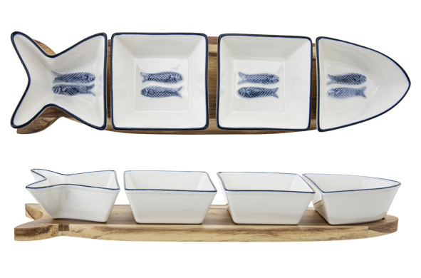 Aperoset Branzino, vorm vis, 37 x 9,5 x 4,8 cm, porselein, wit blauw, set van 5