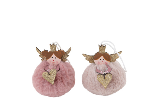Hanger engel met bont, roze, textiel, 7 x 7 x 8 cm