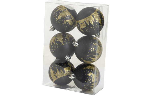 6er-Set Weihnachtskugeln Trees gold Glitzer schwarz Ø 8 cm Kunststoff