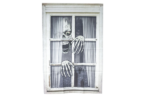 Raamdeco schedel en handen, zwart, polyester, 80 x 120 cm