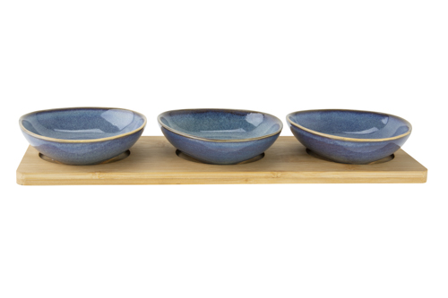Serveerplank bamboe met 3 kommen keramiek blauw 31,5 x 11,8 x 4 cm