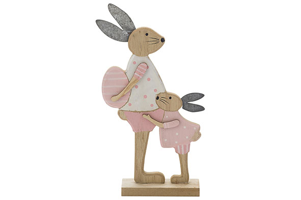 Kaninchen Mutter mit Kind aus Holz 19,5 cm Rosa