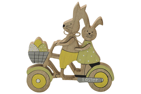 Kaninchen mit Kind auf Fahrrad pastel natur 2,8 x 15,5 x 15,5 cm Holz