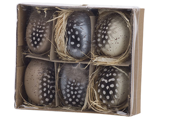 Ostereier 6er-Set mit Feder natur 6 cm, 14,5 x 13,3 x 5 cm