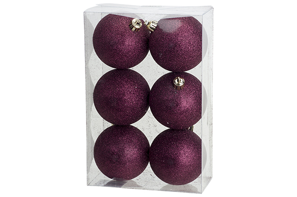 Kerstbal glitter aubergine set van 6, Ø 8 cm