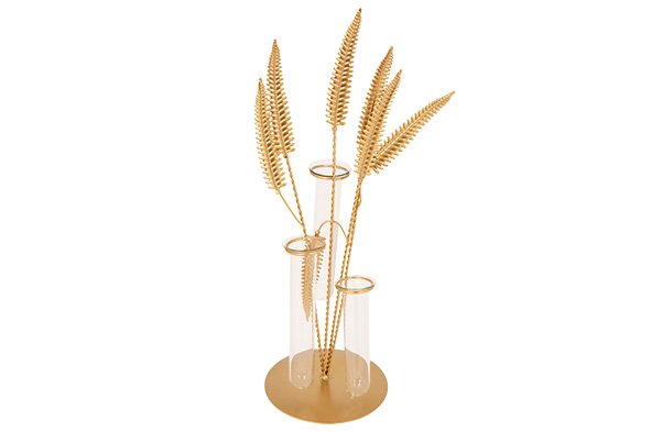 Vase 7 Blätter 3 Glasröhren gold Metall 14,5 x 13 x 39 cm
