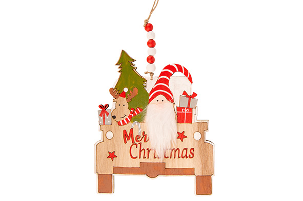 Hanger kerstman in auto rood wit hout 13 x 11 x 0,5 cm