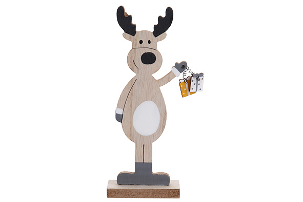 Hirsch mit Geschenk natur Holz 8 x 4 x 18,5 cm