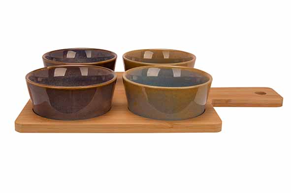 Serveerplank bamboe met 4 kommen meerkleurig 31 x 21,5 x 1 cm