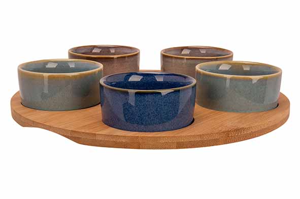 Serveerplank bamboe 25 x 1 cm met 5 kommen multikleur 7 x 3 cm
