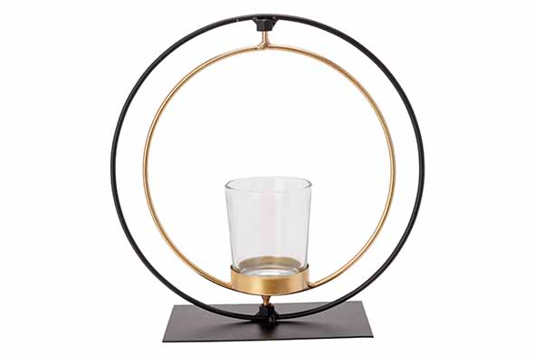 Teelichthalter Gold-Schwarz mit Glasbecher rund Metall 19,5 x 8 x 19,5 cm