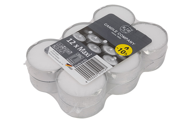 Set van 12 theelicht 10H wit met huls D5,7 cm
