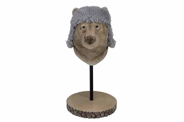 Berensoofd met bontmuts op standaard bruin 20,5 x 24,8 x H 38,8 cm polyhars
