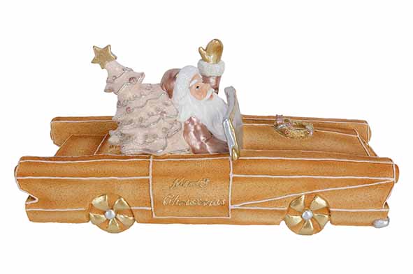 Weihnachtsmann in Gingerbread Car beige 39 x 15 x 18,5 cm langlich Resin