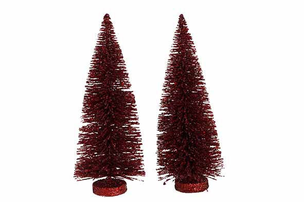 Kerstboom set van 2 glitter bordeaux, synthetisch, 7 x 7 x 15 cm