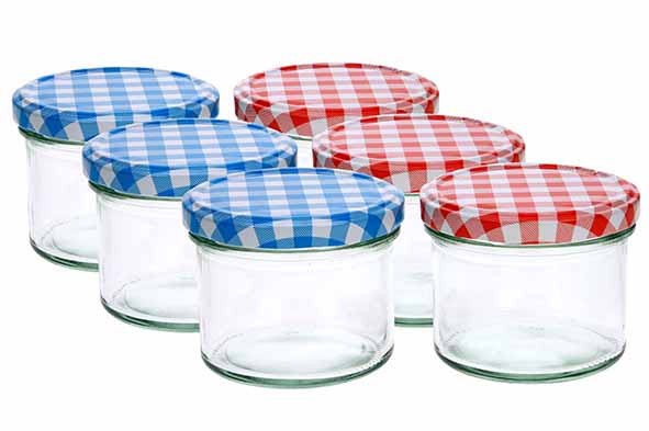 Confituurpot set van 6 transparant 23 cl 8,5 cm deksels: 3x blauw-wit + 3x rood-wit