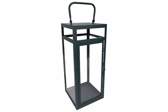 Donkergroene vierkante metalen-glazen lantaarn 16,8 x 16,8 x 41,6 cm
