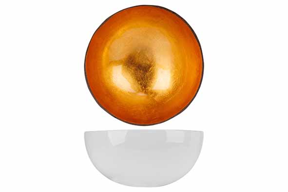 Cocosbowl, metallic goud, bladmotief, wit buiten, Ø 14 cm