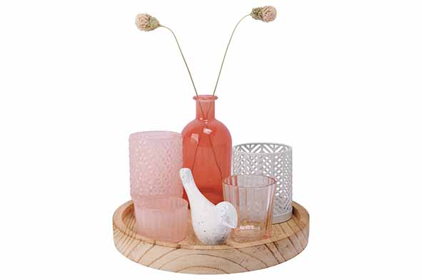 Giftset set van 7 op bord, wit-roze glas, 22 x 22 x 15 cm