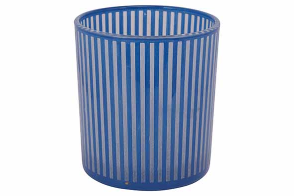 Glas-Teelichthalter blau gestreift 7 x 7 x 8 cm
