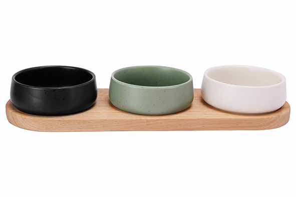 Bites aperoset 4pcs - serving board32 x 10.5 cm + 3x bowl Ø 9.5 x 3.5 cm
