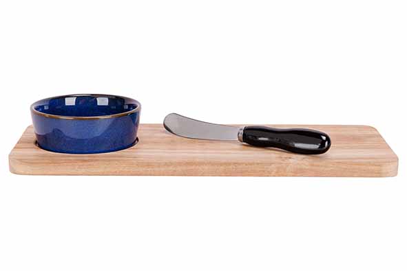 Aperoset acacia blauw bruin, plank 30 x 12 cm met kom en mes