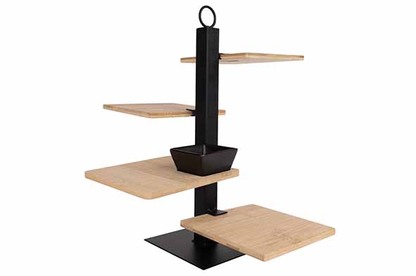 Étagère métal 4 planches de bambou avec plat céramique 35 x 35 x 37 cm