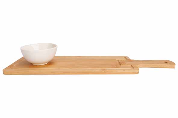 Aperoset bamboe wit bruin, serveerplank 40 x 12 cm met kom Ø 8,5 cm
