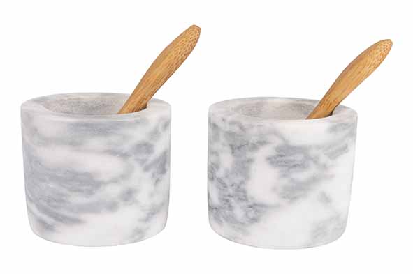 Set van 4 peper- en zoutstel marmer met lepeltjes Ø 5 cm, hoogte 6 cm