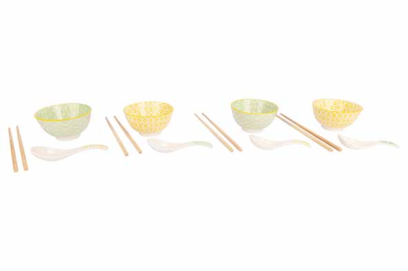 Asian set van 12, 4 kommen Ø 11,5 cm, 4 eetstokjes, 4 rijstlepels